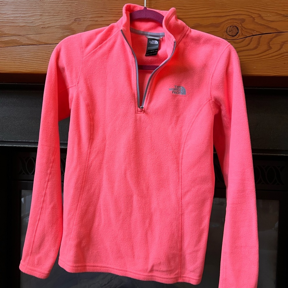 The North Face TKA Microfleece Pullover in neon coral